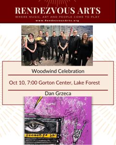 Rendezvous Arts October advertisement - Woodwind Octet, artist Dan Grzeca - October 10, 7:00pm Gorton Center