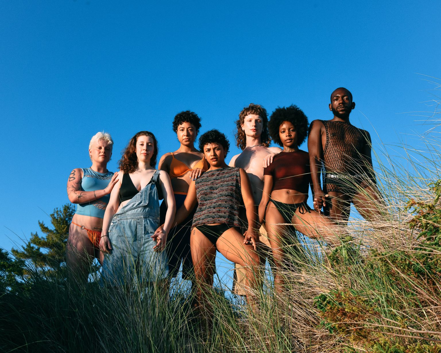 Gallery 2 - 7 dancers in beach gear pose at the top of a grassy hill and look down at the camera.